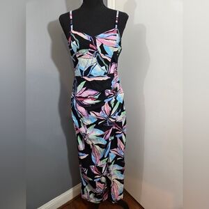 Zara Tropical Print Linen Blend Corset Maxi Sun Dress Ruched Side Size S